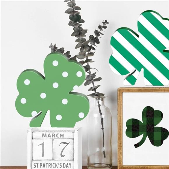 4 Pcs St Patricks Wooden Shamrock Table Signs Irish Lucky Wood Table Centerpiece - Picture 6 of 7